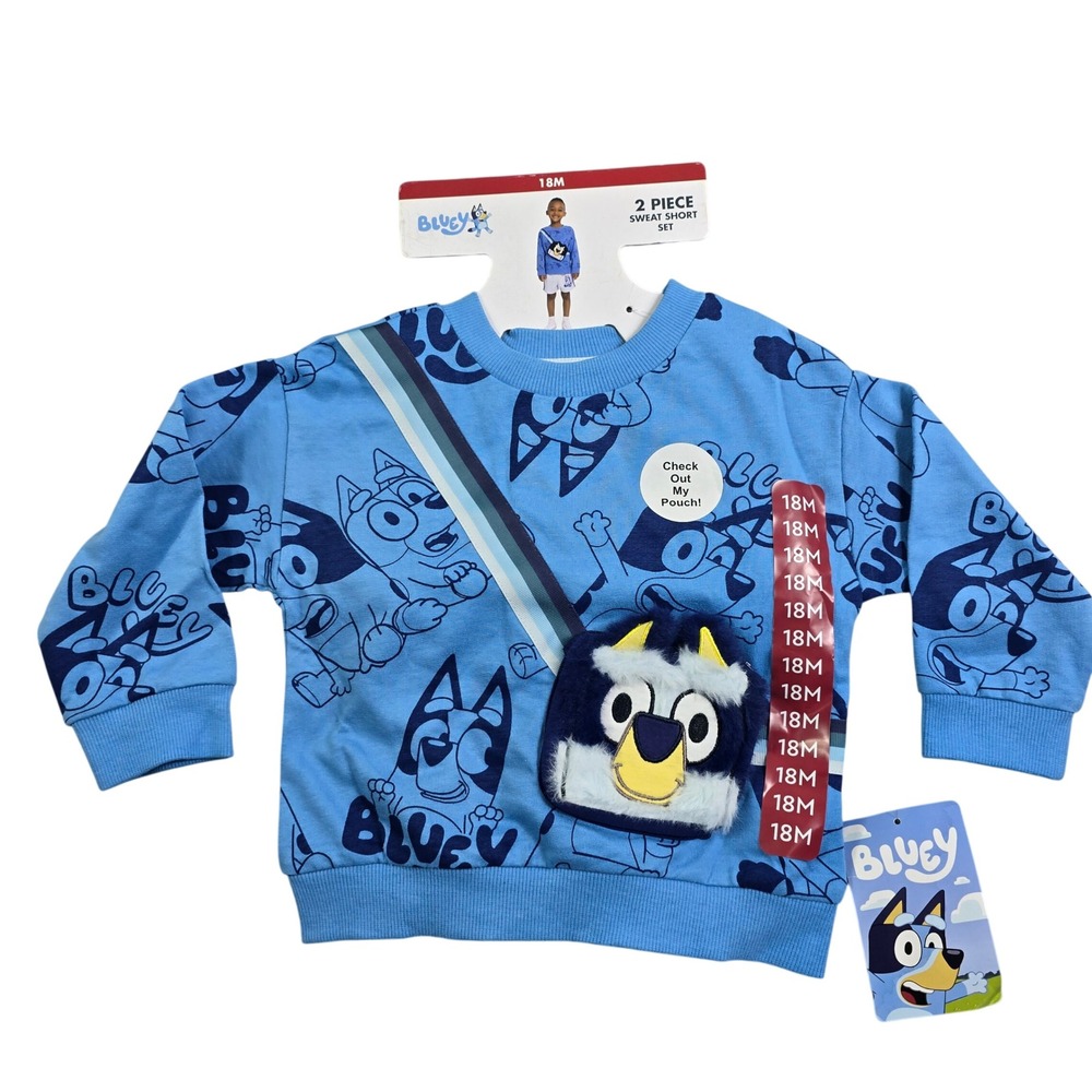 Bluey Sweat Short Set Boys 18M Blue 2 Piece Pouch Sweatshirt Cartoon Shorts Fall
